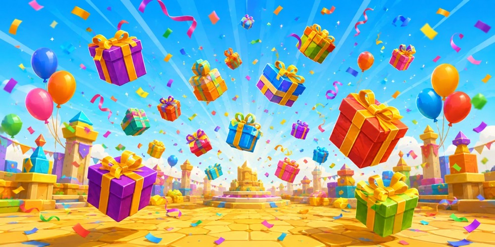 Illustration: A festive in-game event scene: floating gift boxes and confetti raining over a bright plaza, celebratory mood
