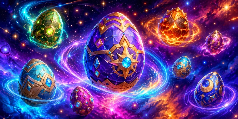 Illustration: A cosmic void with floating decorated eggs surrounded by swirling starlight and nebula colours