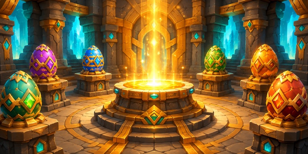 Illustration: A shrine pedestal in a temple with radiant golden light beaming upward, ornate decorated eggs on altars around it